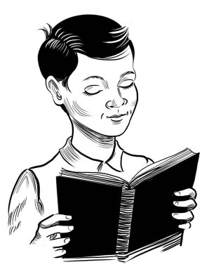 Çocuk kitap okuyor. El çizimi eski moda siyah-beyaz çizimler