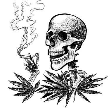 Esrar içen bir iskelet. El çizimi mürekkep siyah beyaz çizim