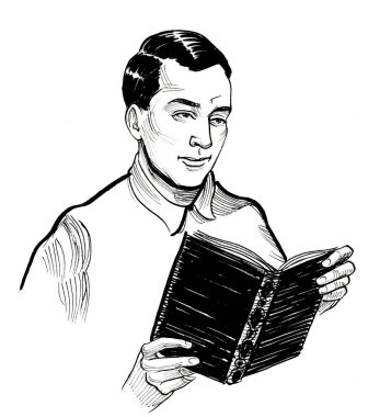 Kitap okuyan bir adam. El çizimi mürekkep siyah beyaz çizim