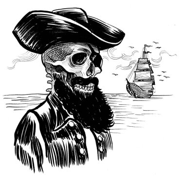 Korsan iskeleti. El çizimi mürekkep ve suluboya resimleme