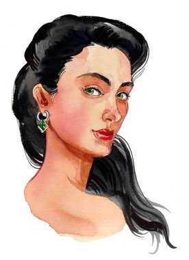 Güzel kadın yüzü. El çizimi mürekkep ve suluboya resim