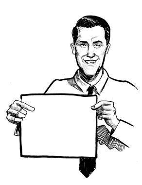 Elinde boş bir kağıt tutan adam. El çizimi retro stili mürekkep siyah beyaz çizim