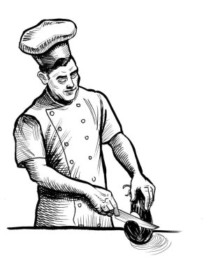 Şef patlıcan kesiyor. El çizimi retro stili mürekkep siyah beyaz çizim