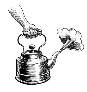 Kaynar su ısıtıcısının elini tut. El çizimi retro stili mürekkep siyah beyaz çizim