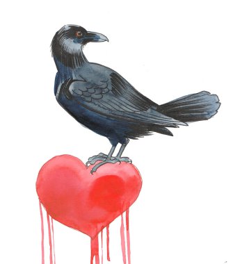 Crow and bleeding heart. Hand drawn watercolour illustration clipart