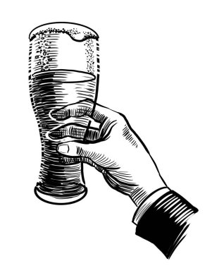 El ele tutuşup bir bardak bira içeriz. El çizimi eski moda siyah-beyaz çizimler