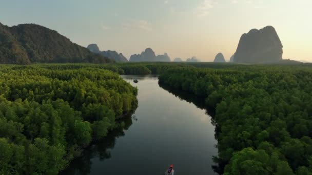 Снимок Дрона Отслеживающий Лодку Реке Мангровом Лесу Таиланд — стоковое видео
