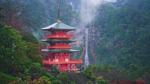 Wodospad Nachi Czerwoną Pagodą Nachi Wakayama Japonia — Wideo stockowe