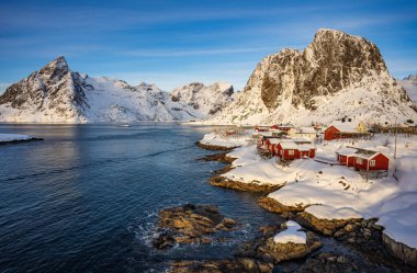 Kış mevsimlerinde Hamnoy Köyü, Lofoten Adaları, Norveç