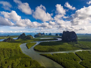 Tayland, Phang nga Körfezi 'nin havadan görünüşlü mangrov ormanı ve dağ zirvesi.