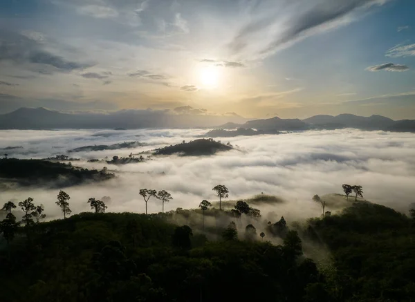 Beautiful Morning Sunrise Sea Fog Flow Khao Jang Lone Mountain — Stock Photo, Image