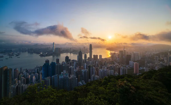 Вид Повітря Центральний Район Гонконгу Гавань Вікторії Сході Сонця Китай — стокове фото