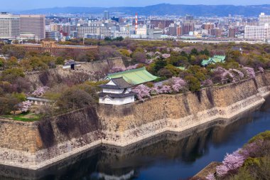 Kiraz çiçeği mevsiminde Osaka Kalesi 'nin havadan görünüşü, Osaka, Japonya