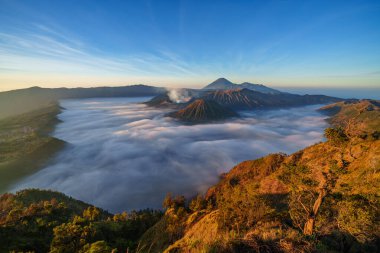 Gündoğumunda Bromo aktif volkanı, Tengger Semeru Ulusal Parkı, Doğu Java, Endonezya