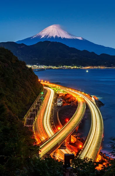 Vista Aérea Mountain Fuji Com Trilhas Luz Carro Longa Exposição Imagem De Stock