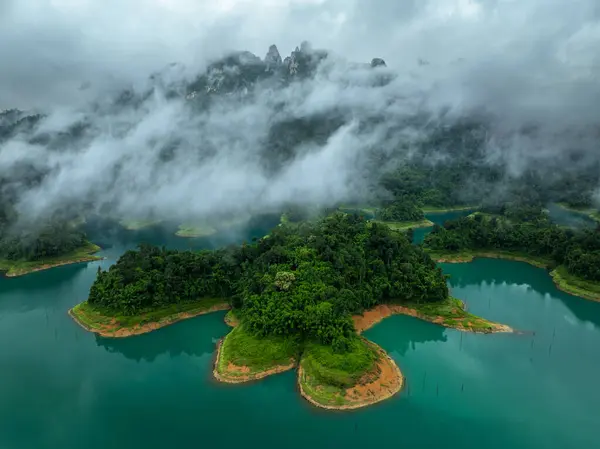 Aerial Drone View Island Lake Tropical Mountain Peak Khao Sok Stock Picture