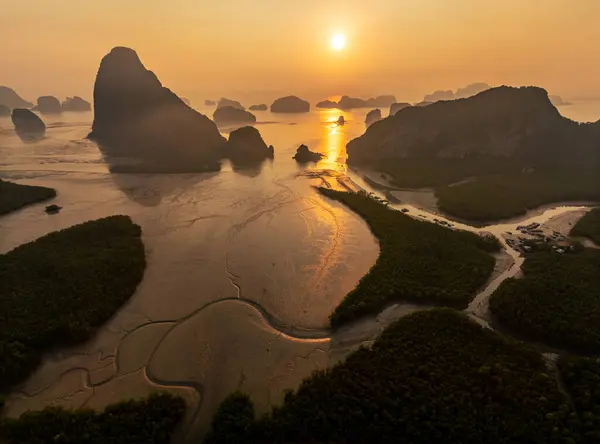 Aerial Drone View Sunrise Samet Nang She View Point Phangnga Royalty Free Stock Images