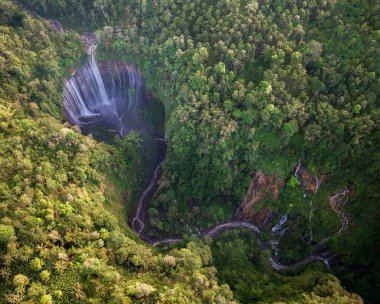 Aerial top view from above of Tumpak Sewu waterfall in Malang, East Java, Indonesia clipart