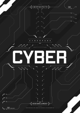Siber punk fütürist poster. Web ve baskı şablonu için modern siber punk tasarımı. Yüksek çözünürlüklü teknik el ilanı. Soyut fütürist dijital teknoloji tasarımı. Sanal ortamlar. Vektör