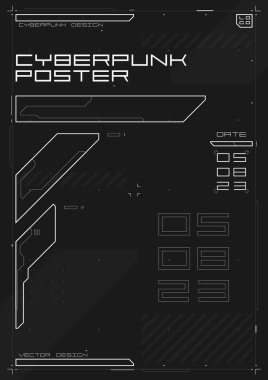 Siber punk fütürist poster. Web ve baskı şablonu için modern siber punk tasarımı. Yüksek çözünürlüklü teknik el ilanı. Soyut fütüristik dijital teknoloji siyah ve beyaz tasarım. Vektör