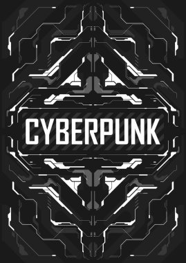 Cyberpunk futuristic poster. Tech cyberpunk design for web and print template. Technology style flyer. Futuristic technology, black and white minimalistic design. Vector