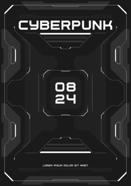 Cyberpunk futuristic poster. Tech cyberpunk design for web and print template. Technology style flyer. Future technology, black and white cyber design. Vector