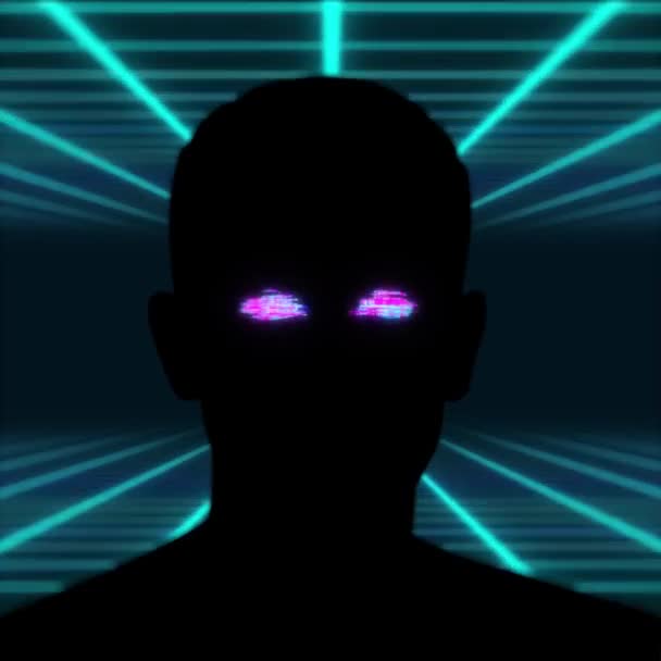 Glitch Art Glitch Silhouette Man Noise Glitchy Eyes Blue Laser — Stock Video