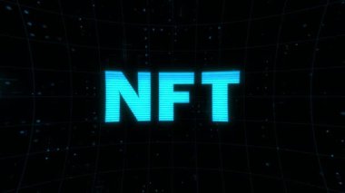 NFT hologram title with glitch effect on digital cyberspace tech background. Glitch text NFT on abstract VR cyberspace background. Non fungible token text with RGB distortions. Cyber space reality.