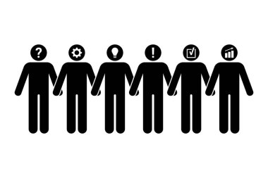 Çubuk adam yaratıcı fikir takım oluşturma vektör çizimi seti. Beyaz arkaplanda sorun çözümü mantıksal düşünme simgesi