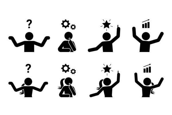 Stick figure man and woman idea problem solution reasoning vector illustration set. Logical thinking sign symbol icon silhouette pictogram