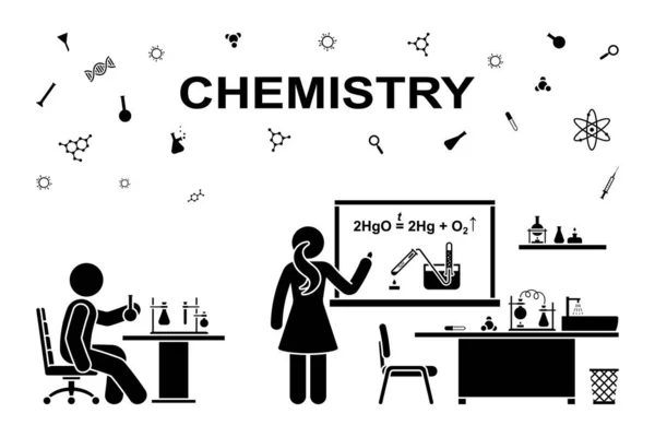 Stick Σχήμα Άνθρωπος Και Γυναίκα Χημικός Κάνει Επιστημονικό Πείραμα Στο — Διανυσματικό Αρχείο