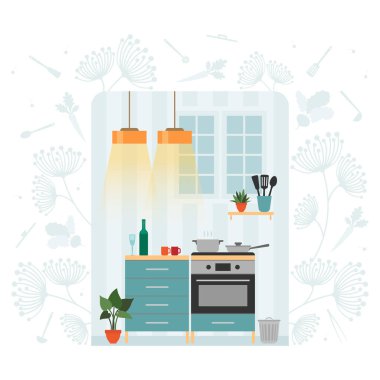 Cartoon kitchen interior flat style vector illustration. Evening time preparing dinner home environment and cooking utensils clip art