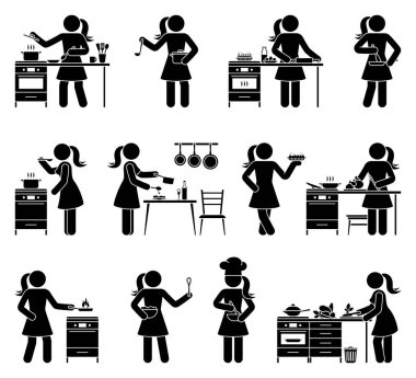 Stick figure woman cooking home kitchen vector illustration set. Female person preparing breakfast, lunch, dinner icon silhouette pictogram
