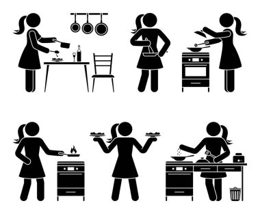 Stick figure woman cooking home kitchen vector illustration set. Stickman person getting ready for breakfast, lunch, dinner icon pictogram