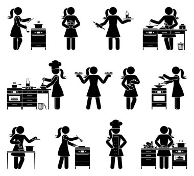 Stick figure woman making breakfast, lunch, dinner vector illustration set. Stickman person cooking home restaurant kitchen icon pictogram