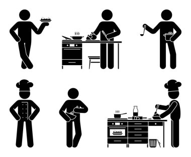 Stick figure chef cook vector illustration set. Stickman person cooking grilled chicken, pie, soup at home restaurant kitchen icon pictogram