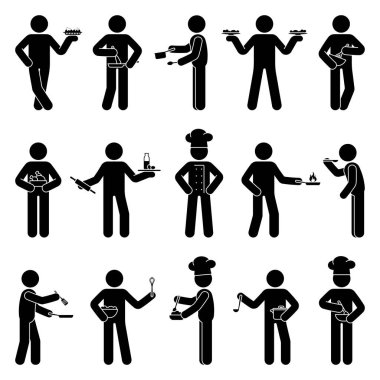 Stick figure man, person, human with kitchen utensils vector set. Stickman male guy cooking, baking, frying, mixing, tasting icon pictogram
