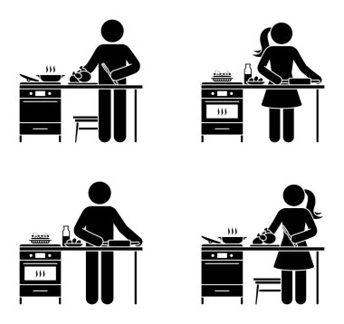 Çubuk şekilli insanlar kek pişiriyor, ızgara tavuk vektör çizimi yapıyor. Stickman insan pişirme fırın ve ocak simgesi pictogram üzerinde