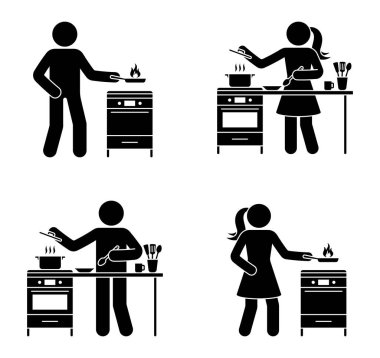 Çubuk adam ve kadın çorba yapıyor, mutfak vektör çizimlerinde kızartıyorlar. Stickman insanları yemek simgesi piktogramı hazırlıyorlar