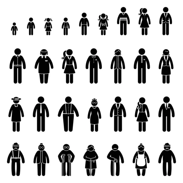 多様性は図男の女性のベクトルイラストセットを固執する 世代別大群衆家族スティックマンアイコンシルエットピクトグラム — ストックベクタ