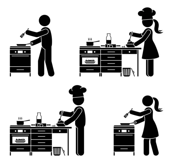 スティックフィギュアシェフは男と女のパイベクトルイラストセットを焼く スティックマン人ストーブの上で調理レストランのキッチンアイコンピクトグラム — ストックベクタ