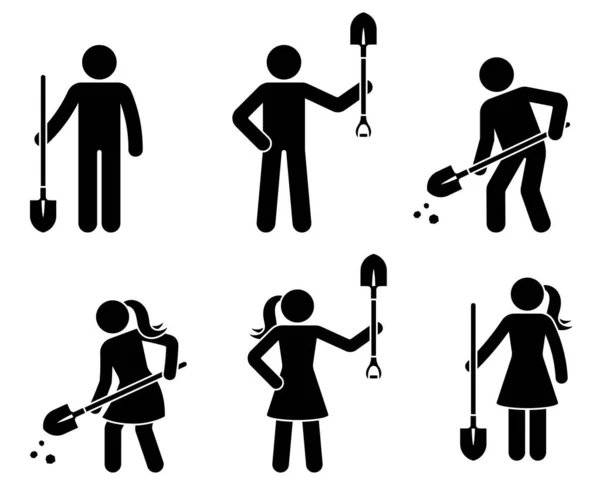 シャベルベクトルイラストセットで立っている棒フィギュア男の女性 スティックマン男性女性掘削地面園芸アイコンシルエットピクトグラム — ストックベクタ