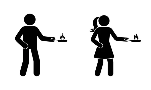 Stick Postava Muž Žena Stojící Hořící Pánev Požární Vektorové Ilustrace — Stockový vektor