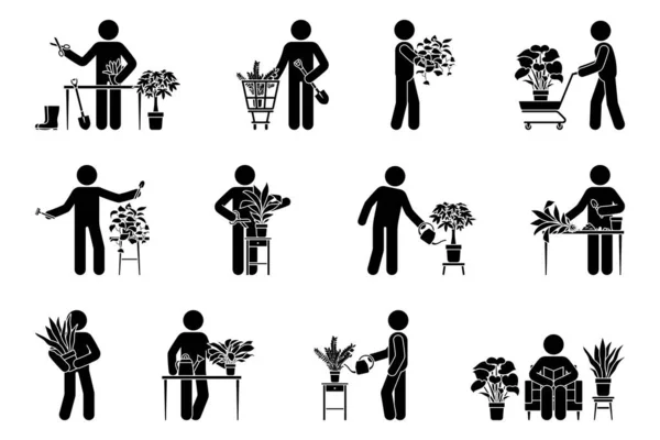 Çubuk Şekilli Erkek Çiçek Dikme Vektör Çizimi Seti Stickman Bitkisi — Stok Vektör