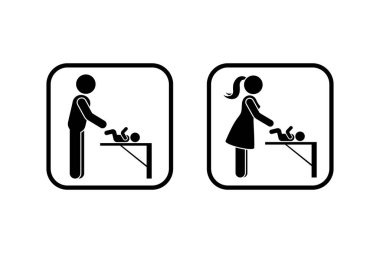 Umumi tuvalet ikonu ebeveyn odası vektör çizimi. Tuvalet sembolü anne baba bebek çubuğu figürlü çerçeve resimleriyle ilgileniyor.