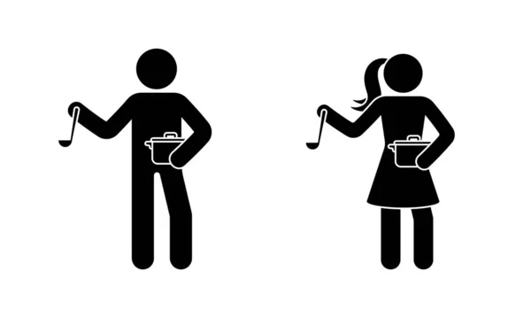 スープラドルと鍋ベクトルイラストセットで立っている棒姿の男と女 スティックマン料理アイコンシルエットピクトグラム — ストックベクタ