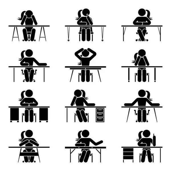 Stick Figure Woman Sitting Table Front View Vector Set Stickman — Stock Vector
