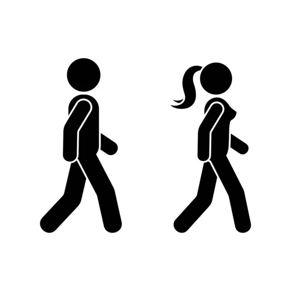 男性と女性の横方向のビューベクトルのイラストを歩くスティック 男性と女性が進むアイコンシルエットピクトグラム — ストックベクタ