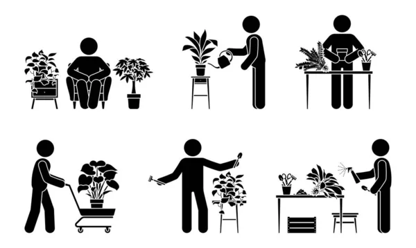家の花のベクトル図セットの世話をスティック図男 家の植物のアイコンのシルエットのピクトグラムとスティックマン人 ロイヤリティフリーのストックイラスト