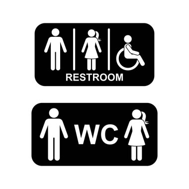 Tuvalet görevlisi kadın engelli insanlar WC yön vektörü ayarlandı. Tuvalet işareti simge simgesi simgesi siluet resim grafiği